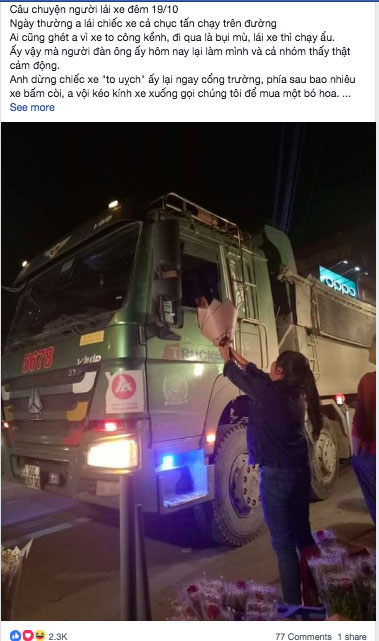 Bác tài xế lái xe hổ vồ vội dừng xe, kéo nhanh chiếc kính mua bó hoa tặng vợ nhân ngày 20/10 khiến nhiều người xúc động