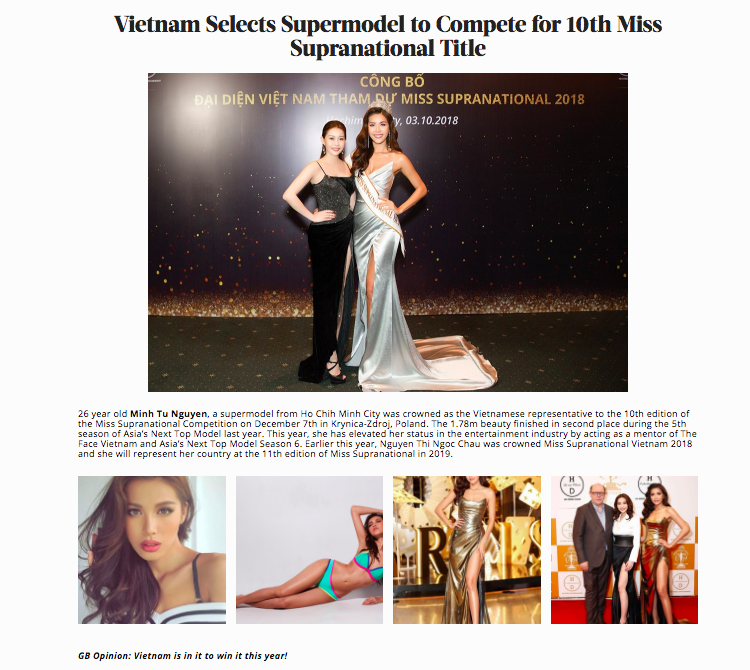 Minh Tú lọt Top 2 trong danh sách các thí sinh xuất sắc nhất Miss Supranational 2018 Minh Tú lọt Top 2 trong danh sách các thí sinh xuất sắc nhất Miss Supranational 2018