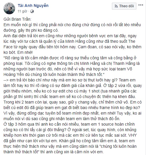 Quản lý của Minh Hằng đáp trả gay gắt khi Brian Trần tố cáo HLV The Face Vietnam không công bằng