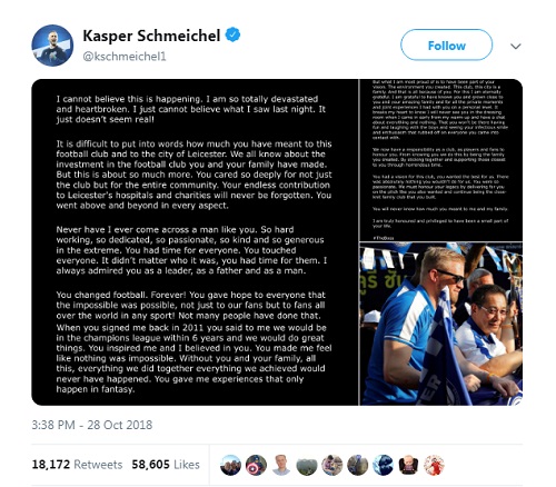 Tâm thư của thủ thành Schmeichel gửi cố Chủ tịch Vichai