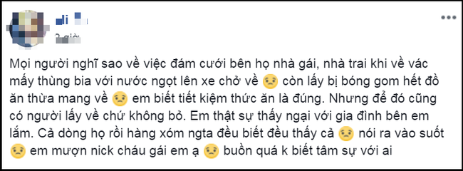 Cô dâu than trời vì nhà trai qua ăn cỗ mang theo túi lấy phần, khi về tiện tay vác luôn cả thùng bia