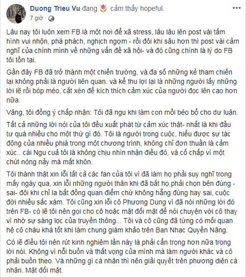 Dương Triệu Vũ xin lỗi danh ca Phương Dung, tạm đóng mạng xã hội
