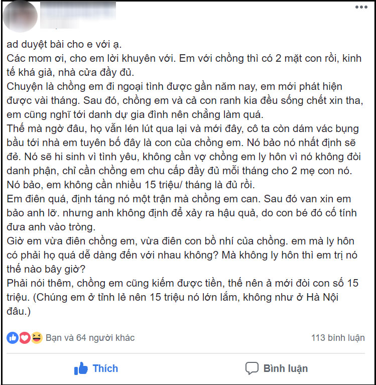 Bồ nhí cố tình mang bầu, không yêu cầu danh phận chỉ cần chu cấp 15 triệu mỗi tháng khiến hội chị em phẫn nộ