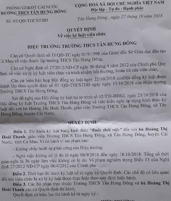 Nữ giáo viên bị buộc thôi việc vì không chịu...làm nhân viên