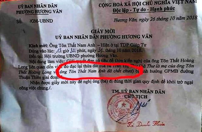 UBND phường mời người chết dự họp giải phóng mặt bằng