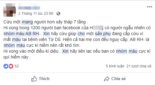 Bác sĩ Sài Gòn tìm người có nhóm máu hiếm gặp AB/Rh(-) cứu sản phụ băng huyết sau sinh