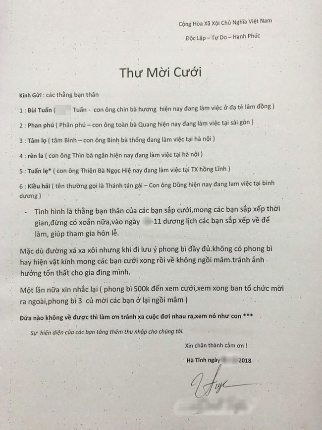 Chú rể bá đạo viết thiếp mời yêu cầu không có 3 triệu thì đừng ăn cỗ! Chú rể bá đạo viết thiếp mời yêu cầu không có 3 triệu thì đừng ăn cỗ!