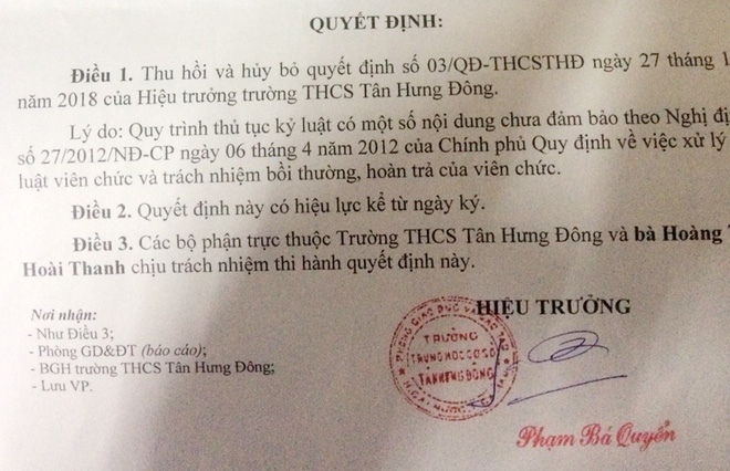 Thu hồi quyết định sa thải nữ giáo viên chống lệnh hiệu trưởng ở Cà Mau