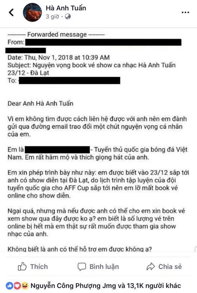 Danh tính cầu thủ gửi email xin vé show ca nhạc của Hà Anh Tuấn và sự thật phía sau