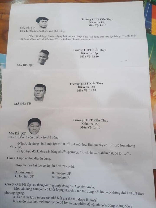 Thầy giáo Hải Phòng dùng tên Quang Hải, Tiến Dũng làm mã đề thi Vật lý