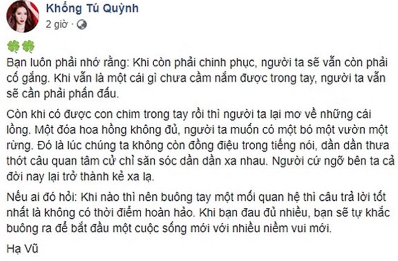 Khổng Tú Quỳnh lại ẩn ý chuyện đã buông tay và phản ứng bất ngờ từ Ngô Kiến Huy?