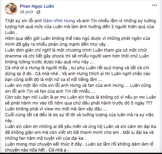 Sau tất cả, Phan Ngọc Luân chính thức lên tiếng xin lỗi Đàm Vĩnh Hưng và Dương Triệu Vũ vì bịa chuyện tạo scandal