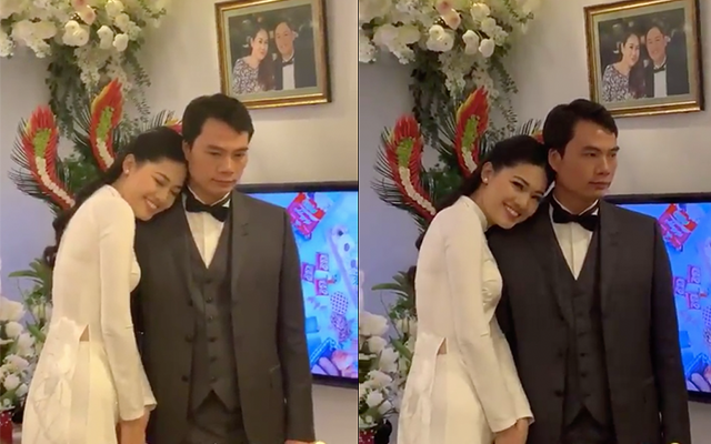 Á Hậu Thanh Tú e ấp tựa vào vai chồng mới cưới trong lễ ăn hỏi