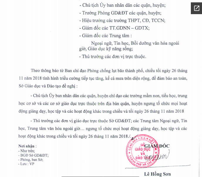 Khẩn: Sở GDĐT TPHCM đề nghị ngưng tổ chức các hoạt động giảng dạy, thi cử chiều tối ngày 26/11/2018