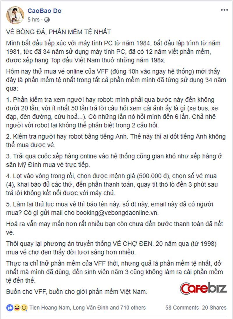 Ông Đỗ Cao Bảo nói về trải nghiệm mua vé online của VFF: Đây là phần mềm tệ nhất, dở nhất, đến sinh viên năm 3 cũng không làm ra phần mềm tệ đến thế