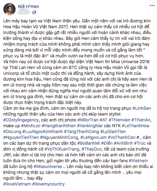 HHen Niê viết tâm thư trên chuyến bay tới Thái Lan tham dự Miss Universe 2018