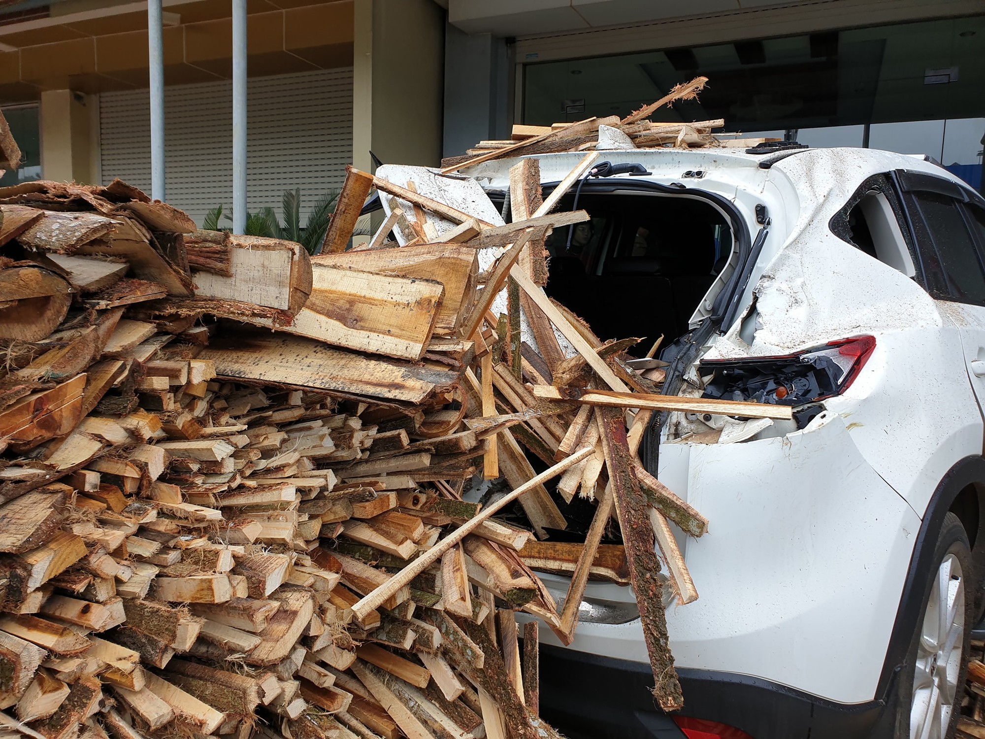 Clip: Tránh cụ ông đạp xe băng qua đường, xe tải chở gỗ lật ngang rồi đè móp đuôi xế hộp CX5