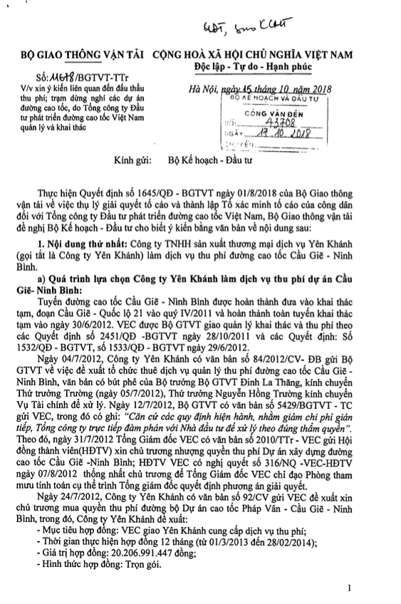 Giao quyền thu phí cao tốc Cầu Giẽ - Ninh Bình cho Yên Khánh, bộ GTVT hỏi khó bộ KH&ĐT?