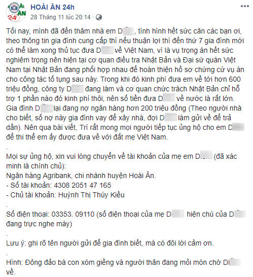 Cô gái Việt bị sát hại tại Nhật, cộng đồng mạng kêu gọi quyên góp đưa thi thể về với gia đình