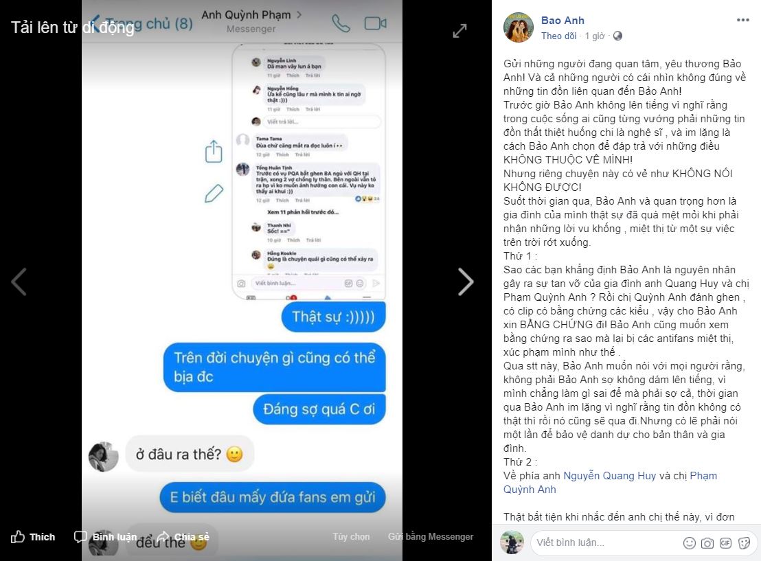 Bảo Anh lên tiếng giải thích về câu chuyện người thứ ba, còn đăng cả bằng chứng nhưng thái độ của Phạm Quỳnh Anh mới khiến dân mạng chú ý