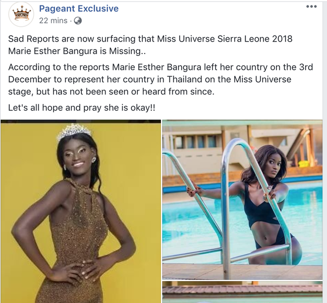 Hoa hậu Sierra Leone mất tích bí ẩn khi lên đường đến Thái Lan dự thi Miss Universe?