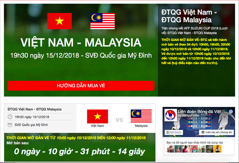 Hướng dẫn mua vé online trận chung kết AFF Cup lượt về giữa Việt Nam và Malaysia