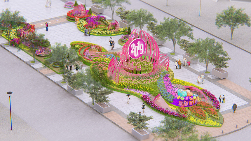 Phối cảnh đường hoa Tết Kỷ Hợi 2019 ở Sài Gòn