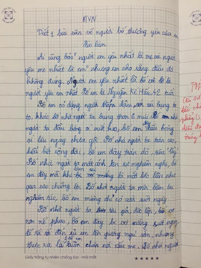 Bài văn tả bố với 3 điểm xấu khá phũ của học sinh lớp 6 khiến người đọc bật cười