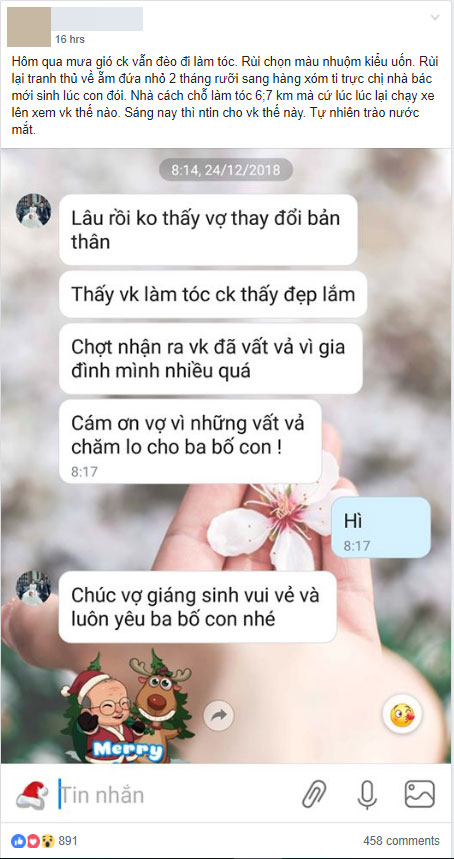 Chồng bế con 2,5 tháng sang hàng xóm ti trực để vợ đi làm tóc cùng lời nhắn khiến vợ trào nước mắt: Em đã vất vả vì gia đình mình nhiều quá!