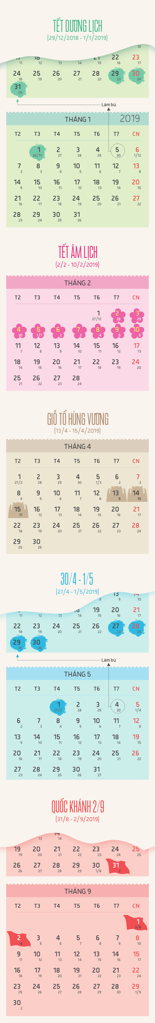 Lịch các ngày nghỉ lễ năm 2019 Lịch các ngày nghỉ lễ năm 2019