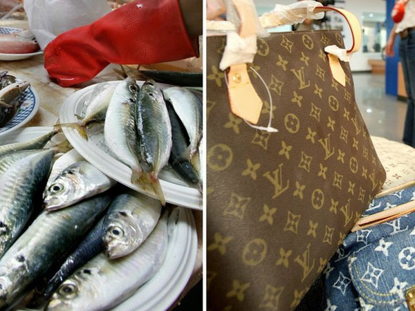 Bà ngoại dùng túi hiệu LV của cháu trai tặng để đi chợ mua cá