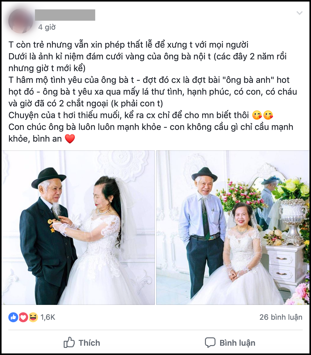 Cụ ông, cụ bà chụp ảnh kỷ niệm đám cưới vàng và câu chuyện tình yêu hơn 50 năm khiến biết bao bạn trẻ ghen tị