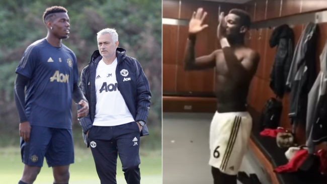 Paul Pogba đập tay ăn mừng đầy phấn khích với đồng đội trong phòng thay đồ sau khi nghe tin Mourinho bị sa thải