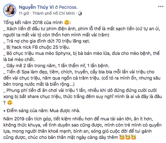 Hot girl Thuý Vy tổng kết về tiền bạc năm 2018: Chúc cho bản thân mặt ngày càng dày thêm