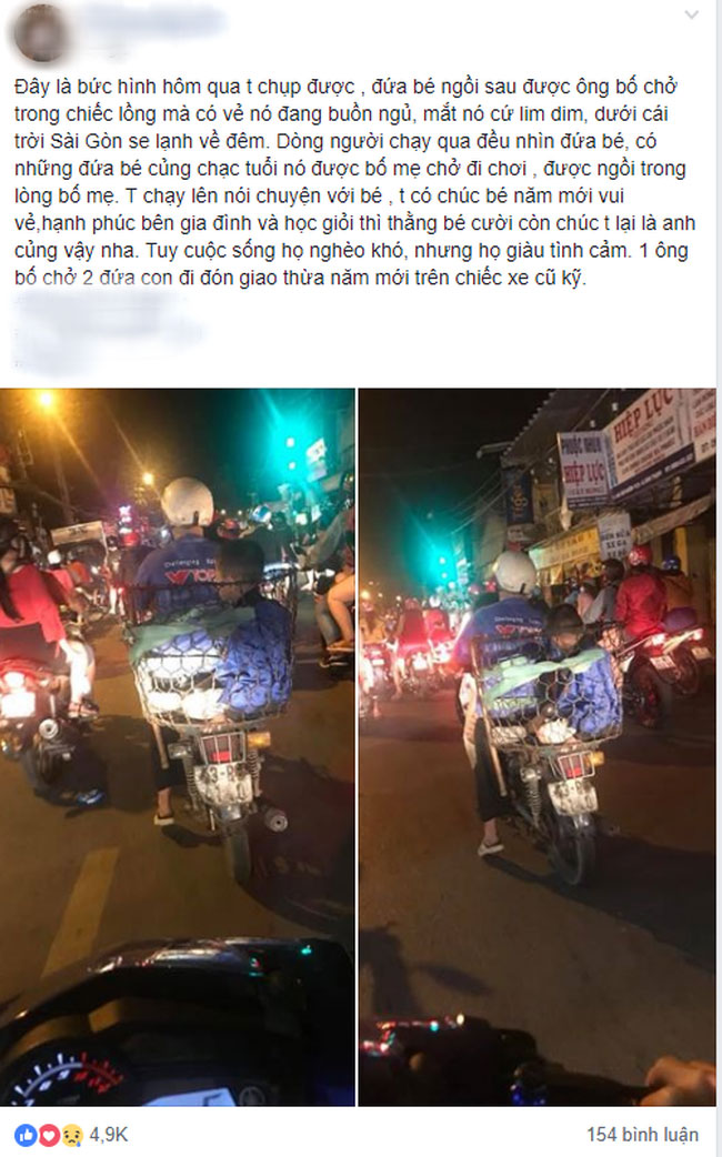 Bức ảnh cha chở 2 con đi đón năm mới trong chiếc sọt thồ hàng khiến nhiều người cảm động