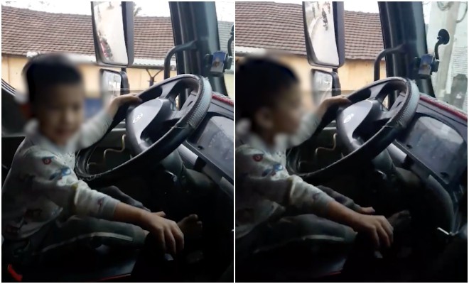 Xôn xao việc bố quay clip con trai lái xe tải băng băng trên đường: Chỉ là diễn vì xe được kéo đi?