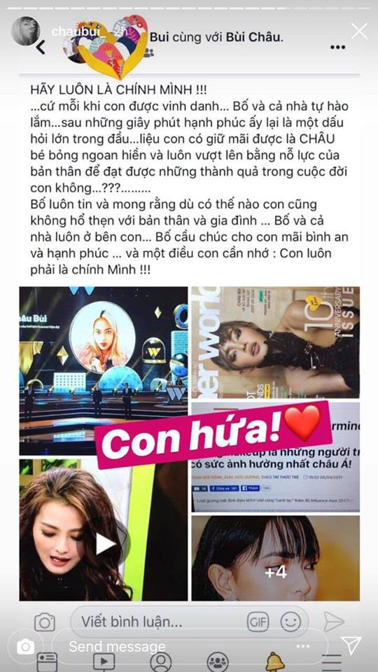 Bố Châu Bùi gửi con sau khi lọt Top 10 Nhân vật truyền cảm hứng của WeChoice: Con luôn phải là chính mình!