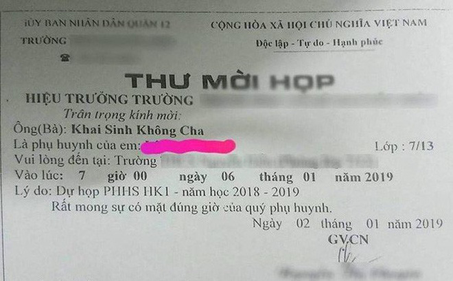 Cô giáo gửi thư mời họp phụ huynh ghi khai sinh không cha lý giải do sơ suất Cô giáo gửi thư mời họp phụ huynh ghi khai sinh không cha lý giải do sơ suất