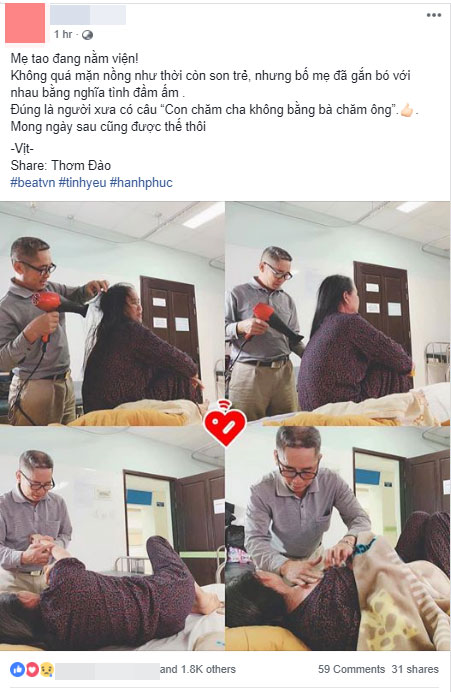 Con gái khoe bố mẹ tình cảm như hồi mới cưới, ngày nào bố cũng chạy 40km xuống viện, kiên nhẫn gội đầu bôi thuốc cho mẹ cả tiếng đồng hồ