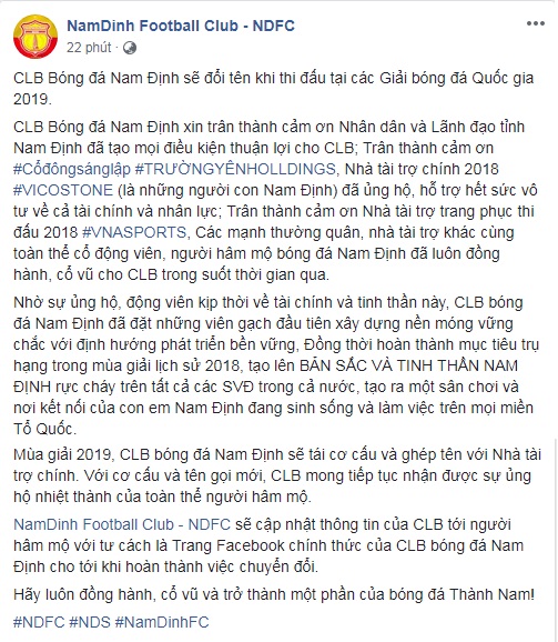 CLB Nam Định sẽ đổi tên khi tham dự V.League 2019