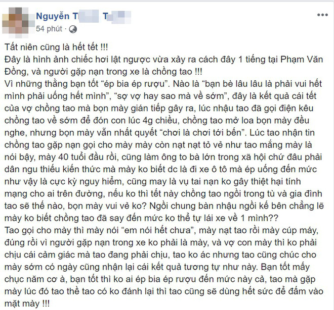 Chồng say lái ô tô gặp nạn, vợ chỉ trích bạn nhậu: Nếu Tết này chồng tao ngồi tù thì gia đình tao sẽ thế nào?