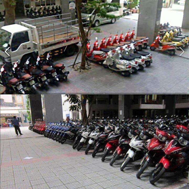 Bác bảo vệ có tâm xếp xe cùng loại cùng màu thẳng đều tăm tắp, ai cũng tấm tắc chỗ để xe mà ngỡ như showroom trưng bày