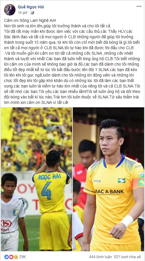 Quế Ngọc Hải viết tâm thư chia tay SLNA sau 15 năm gắn bó và cảm xúc trái ngược đến từ Bùi Tiến Dũng, Phạm Xuân Mạnh