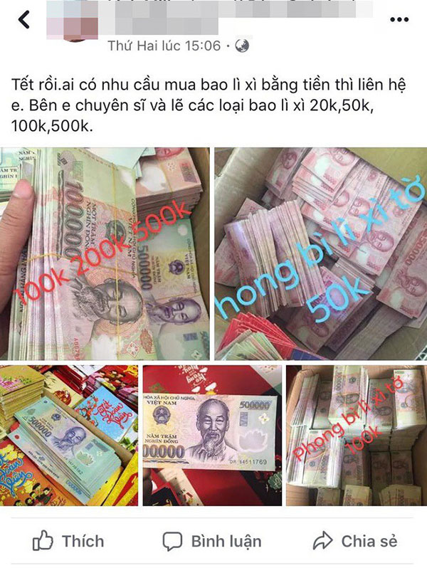Bất chấp việc có thể bị phạt đến 80 triệu đồng, bao lì xì in hình tiền Việt Nam với nhiều mệnh giá vẫn được rao bán công khai trên mạng xã hội