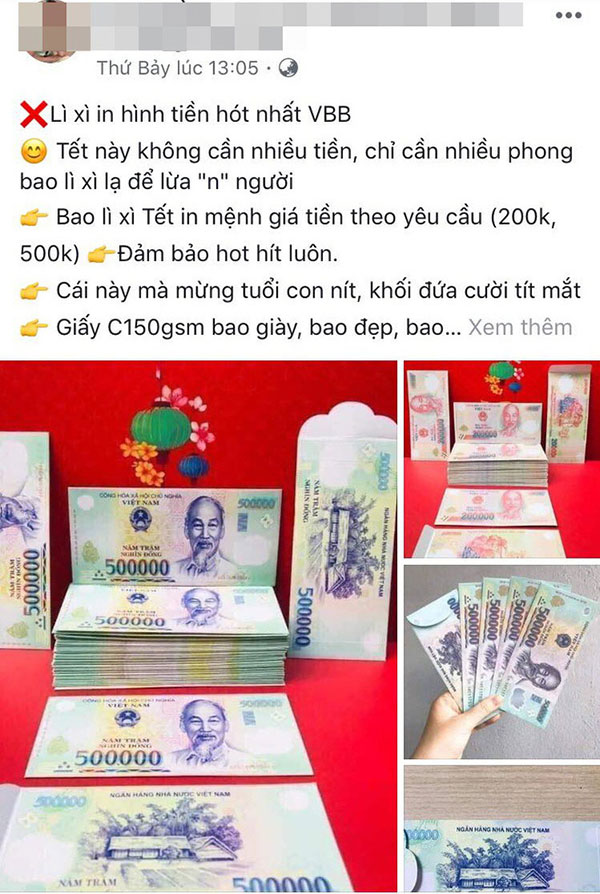 Bất chấp việc có thể bị phạt đến 80 triệu đồng, bao lì xì in hình tiền Việt Nam với nhiều mệnh giá vẫn được rao bán công khai trên mạng xã hội