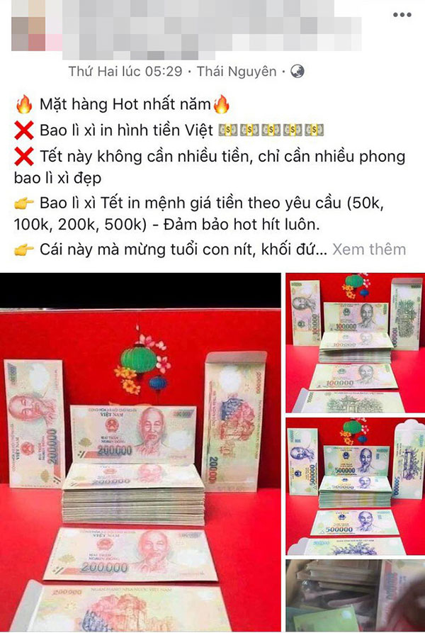 Bất chấp việc có thể bị phạt đến 80 triệu đồng, bao lì xì in hình tiền Việt Nam với nhiều mệnh giá vẫn được rao bán công khai trên mạng xã hội