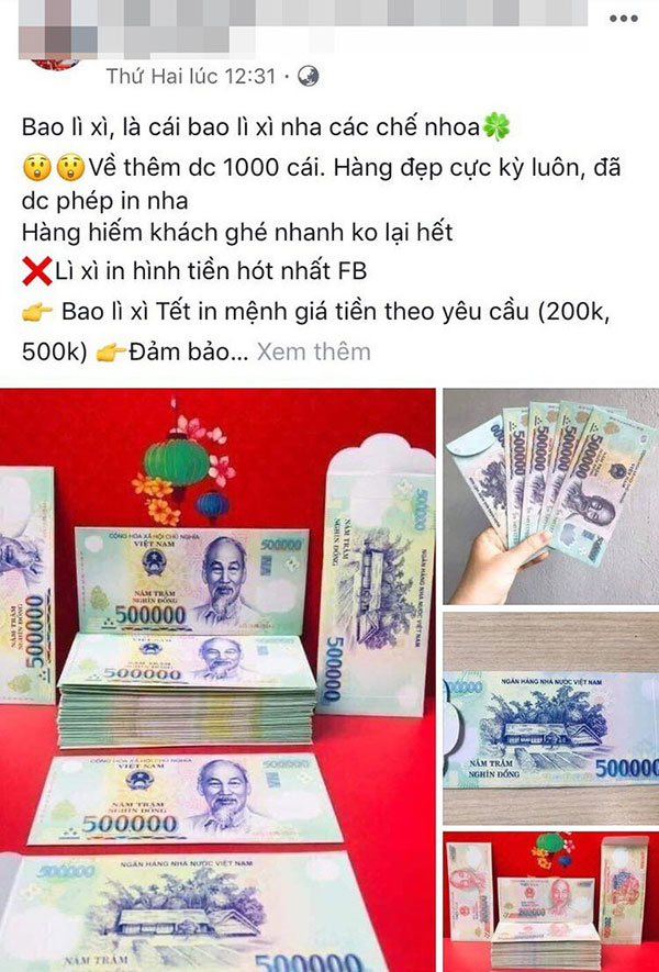 Bất chấp việc có thể bị phạt đến 80 triệu đồng, bao lì xì in hình tiền Việt Nam với nhiều mệnh giá vẫn được rao bán công khai trên mạng xã hội