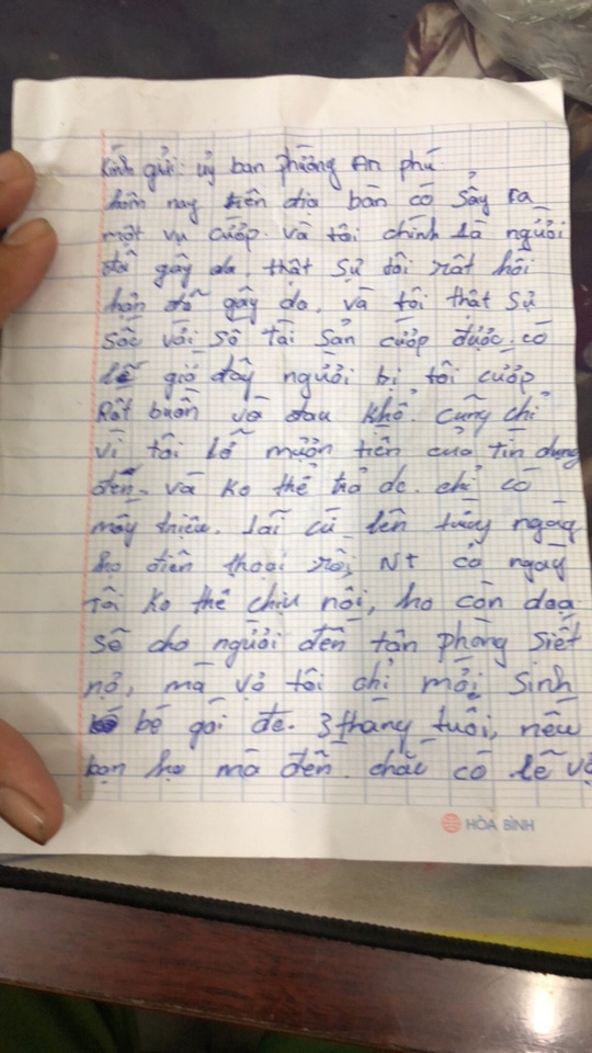 Tên cướp bí ẩn gửi trả 100 triệu đồng cùng thư xin lỗi