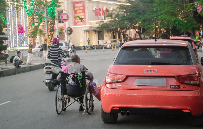 Cành đào phía sau xe lăn của ông cụ khiến dòng người vội vã ngày Tết như chậm lại
