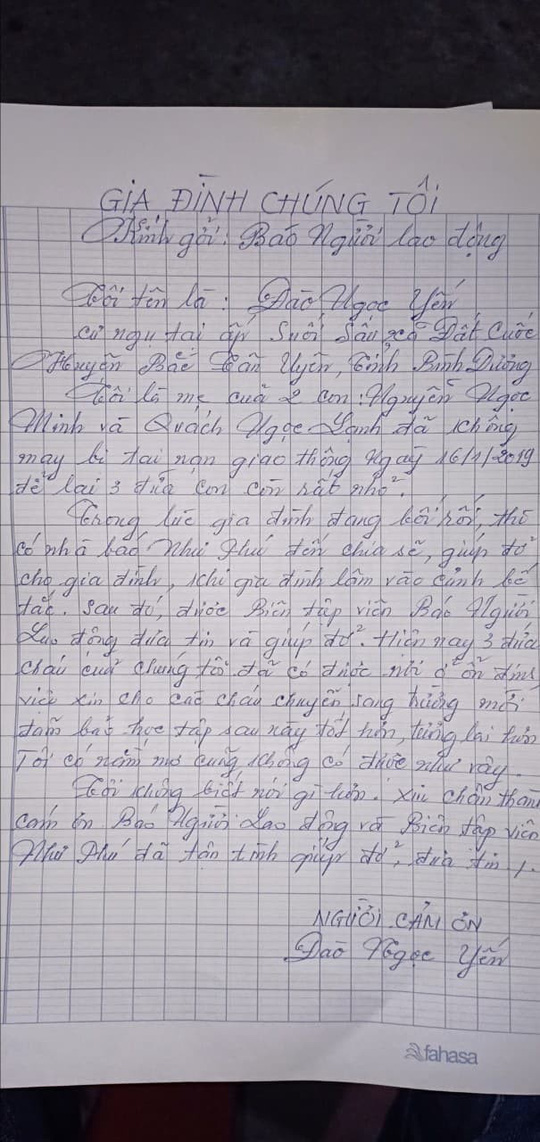 Xúc động với lá thư cám ơn của bà nội 3 cháu bé mồ côi ở Bình Dương